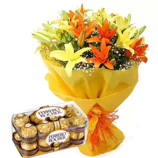 ROYAL PACKAGE WITH EXOTIC LILIES (WITH FERRERO CHOCOLATES)