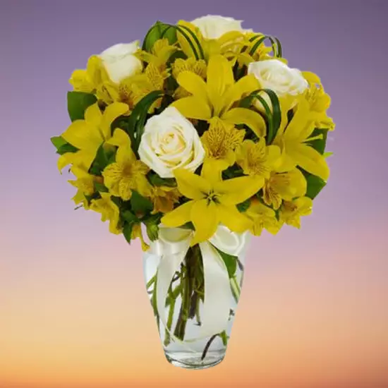 Yellow lily and white Rose in vase