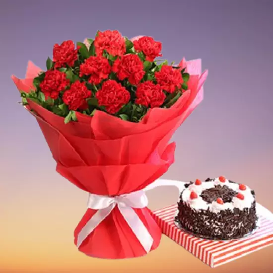 Red Carnations with Black Forest Cake